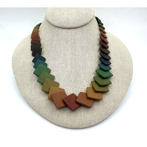 Vintage Rainbow Square Tile Necklace Graduated Beads Button Clasp Colorful 20"